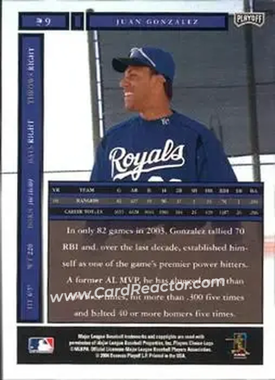 2004 Playoff Honors #99 - Juan Gonzalez - Kansas City Royals - Back