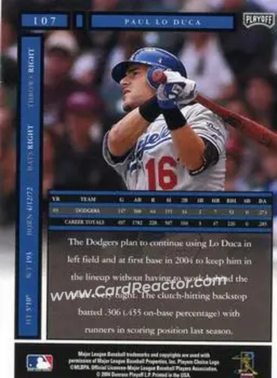 2004 Playoff Honors #107 - Paul Lo Duca - Los Angeles Dodgers - Back