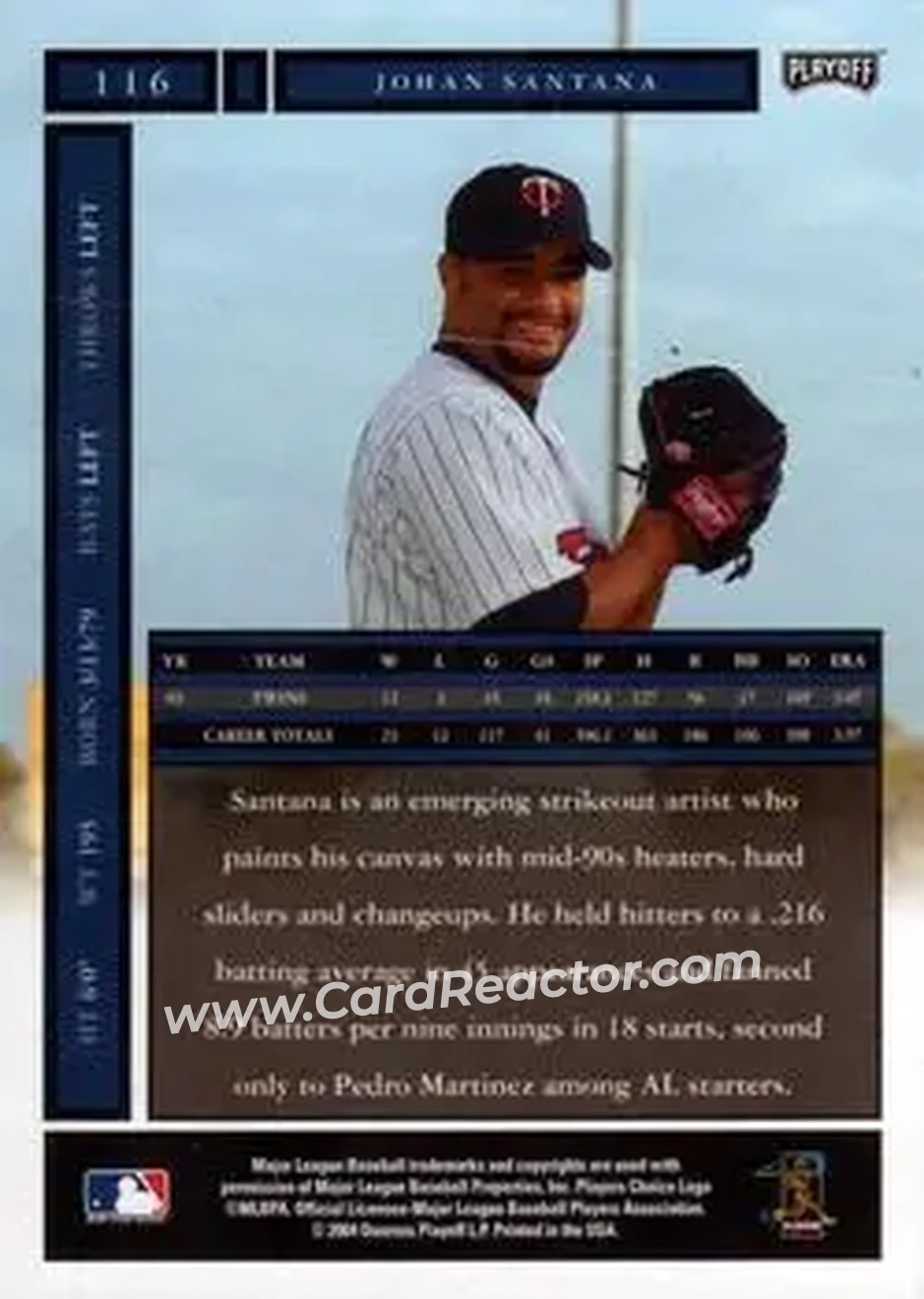 2004 Playoff Honors #116 - Johan Santana - Minnesota Twins - Back