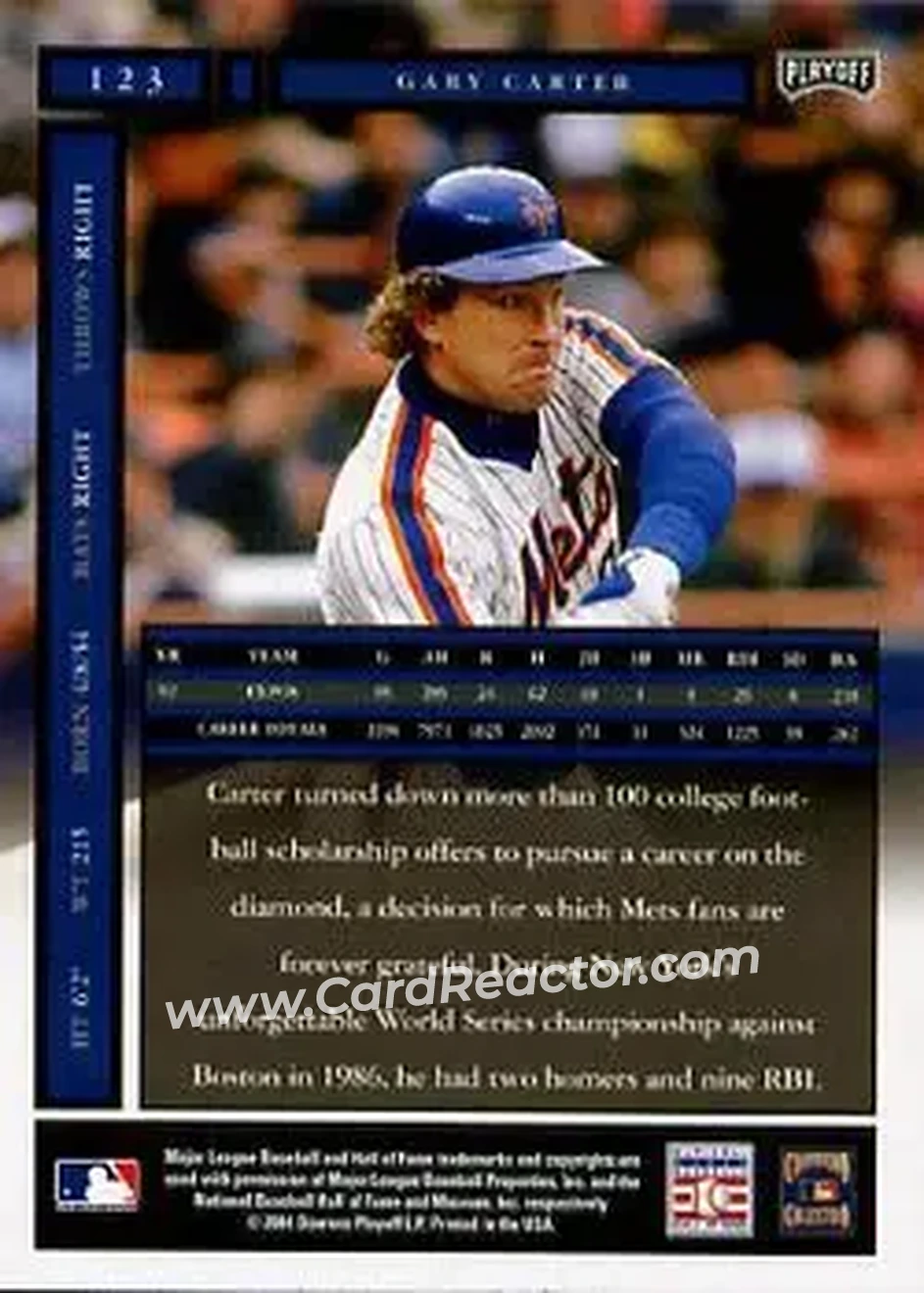 2004 Playoff Honors #123 - Gary Carter - New York Mets - Back