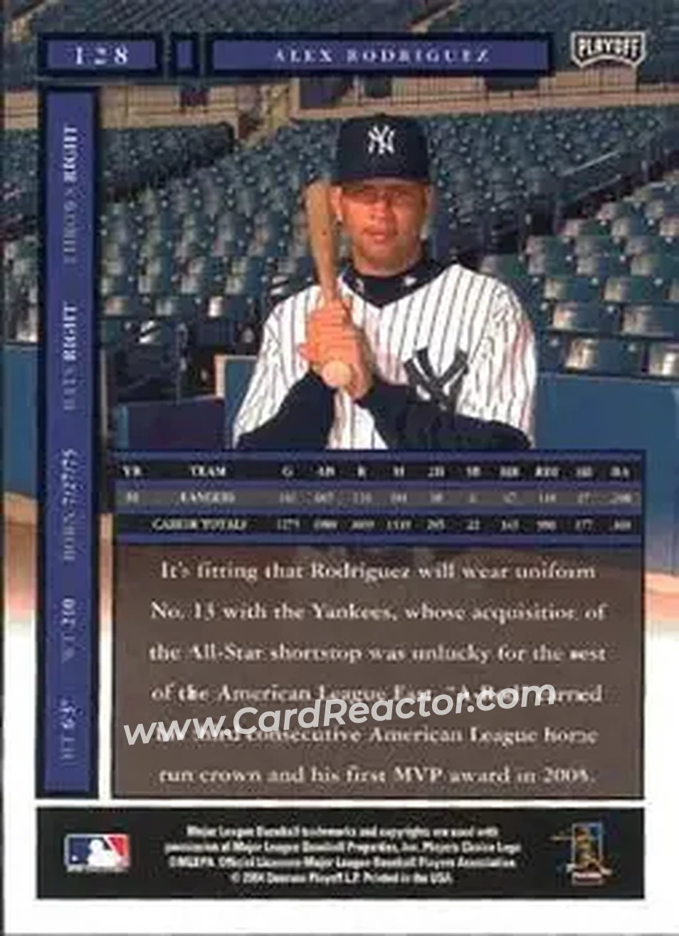 2004 Playoff Honors #128 - Alex Rodriguez - New York Yankees - Back