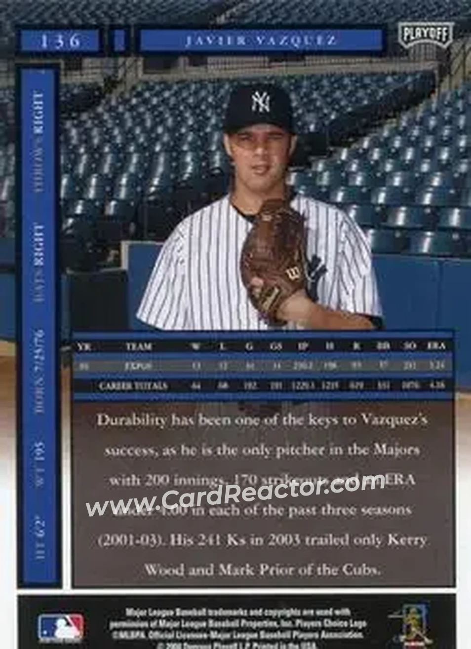 2004 Playoff Honors #136 - Javier Vazquez - New York Yankees - Back