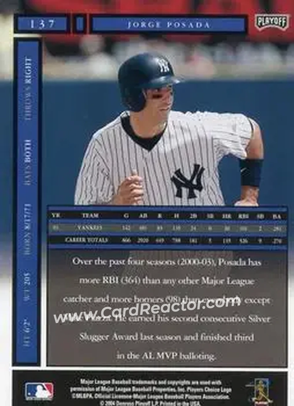 2004 Playoff Honors #137 - Jorge Posada - New York Yankees - Back