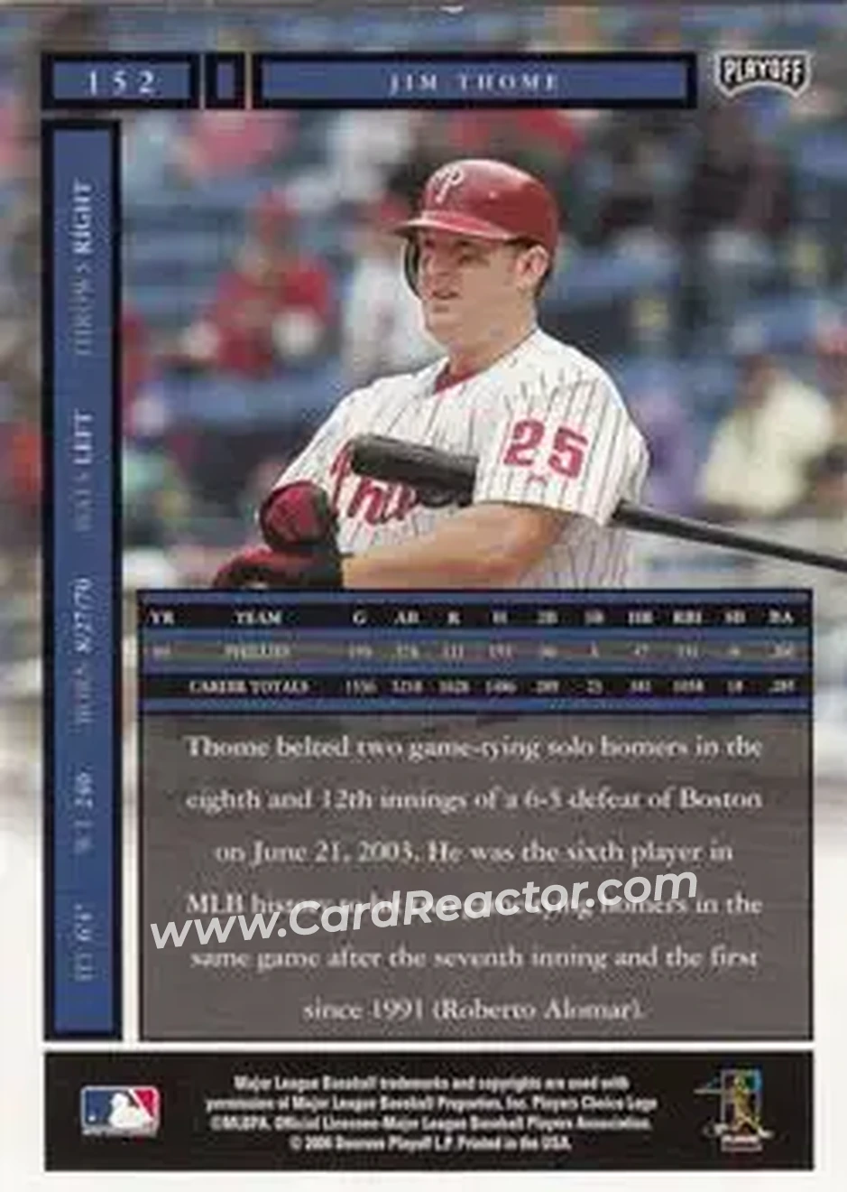 2004 Playoff Honors #152 - Jim Thome - Philadelphia Phillies - Back
