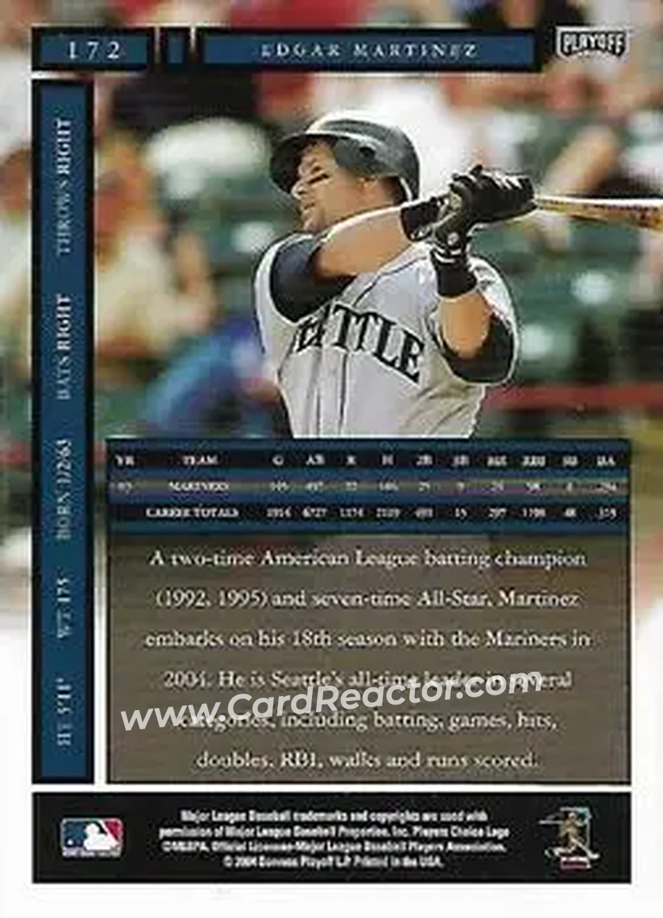 2004 Playoff Honors #172 - Edgar Martinez - Seattle Mariners - Back