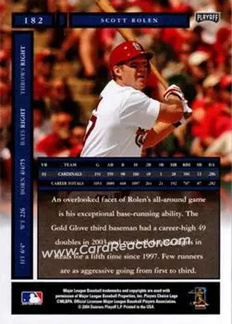 2004 Playoff Honors #182 - Scott Rolen - St. Louis Cardinals - Back