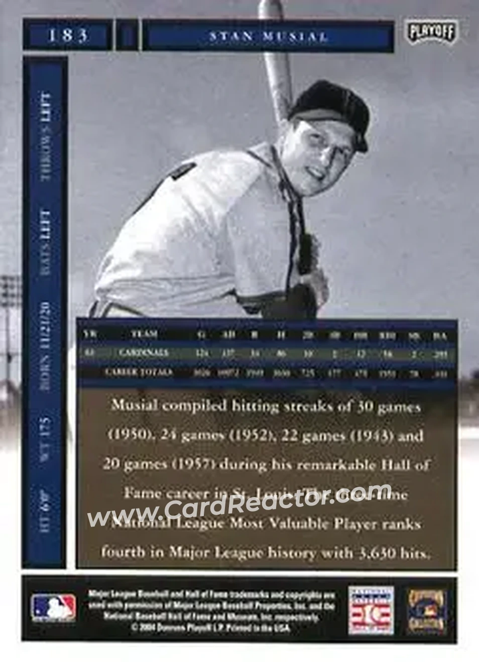2004 Playoff Honors #183 - Stan Musial - St. Louis Cardinals - Back