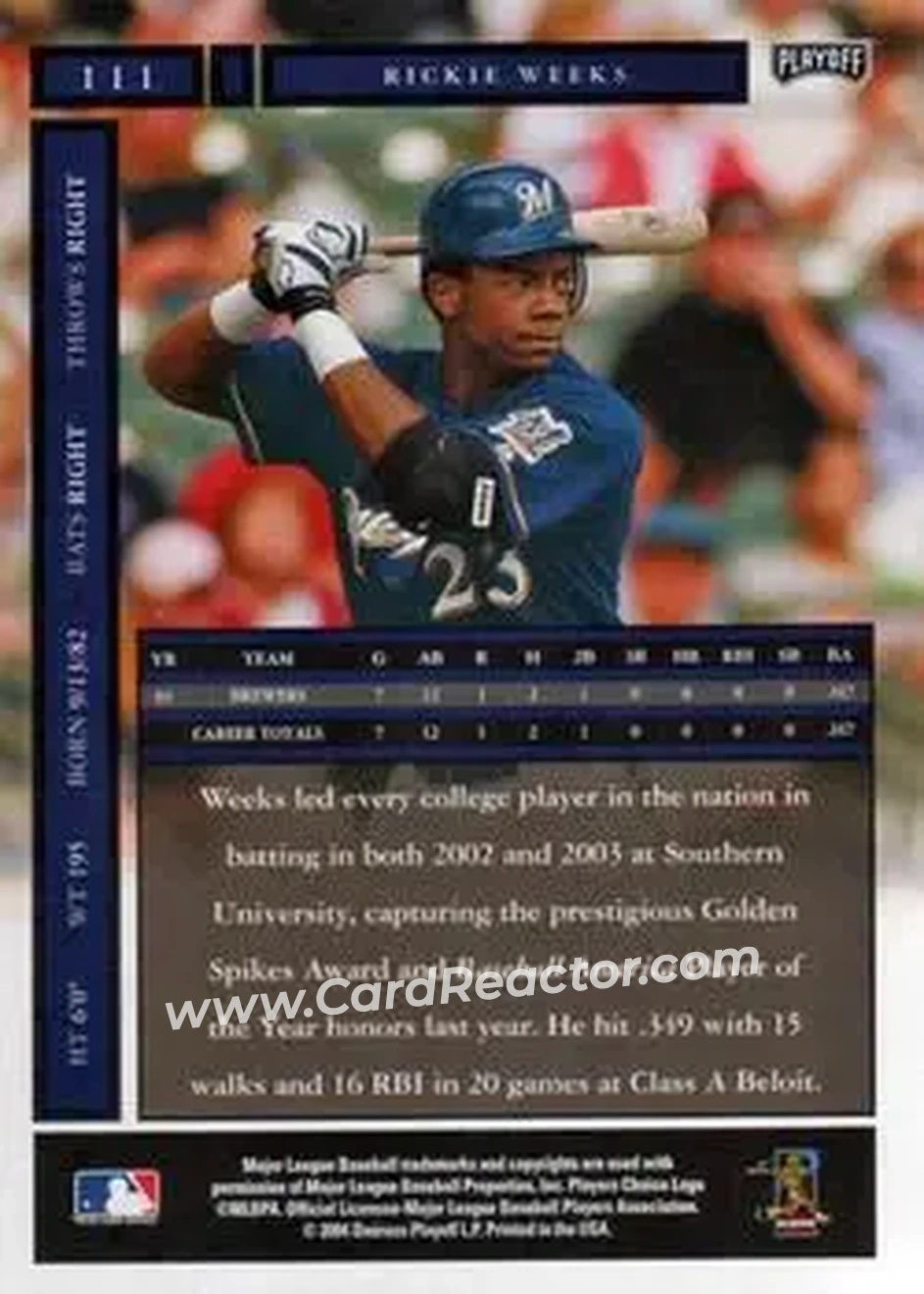 2004 Playoff Honors #111 - Rickie Weeks - Milwaukee Brewers - Back