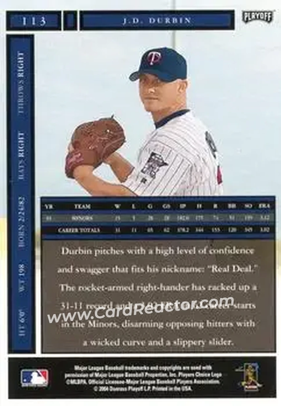 2004 Playoff Honors #113 - J.D. Durbin - Minnesota Twins - Back