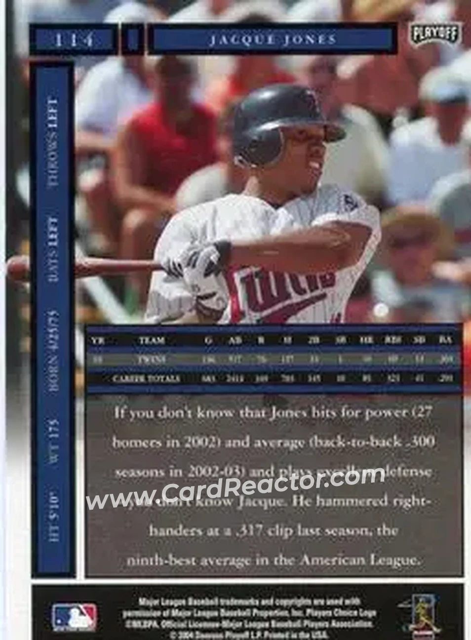 2004 Playoff Honors #114 - Jacque Jones - Minnesota Twins - Back