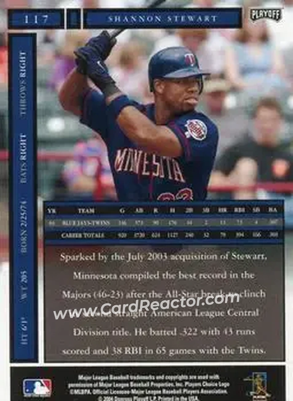 2004 Playoff Honors #117 - Shannon Stewart - Minnesota Twins - Back
