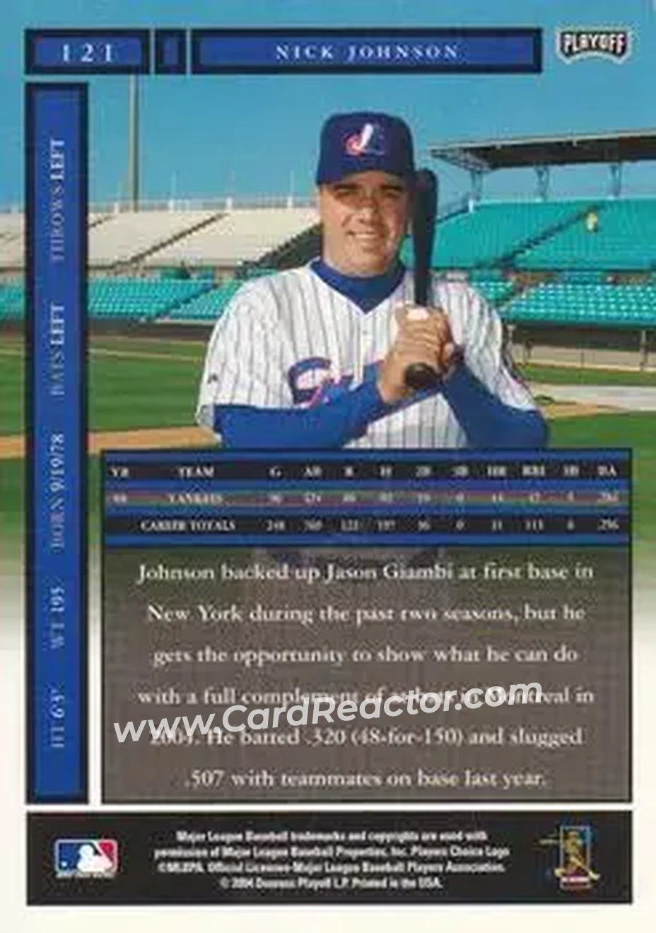 2004 Playoff Honors #121 - Nick Johnson - Montreal Expos - Back