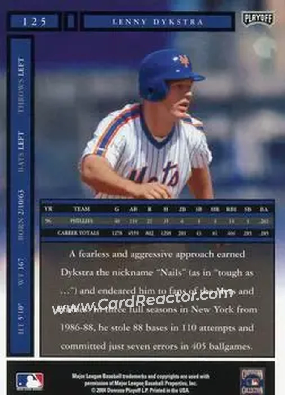2004 Playoff Honors #125 - Len Dykstra - New York Mets - Back