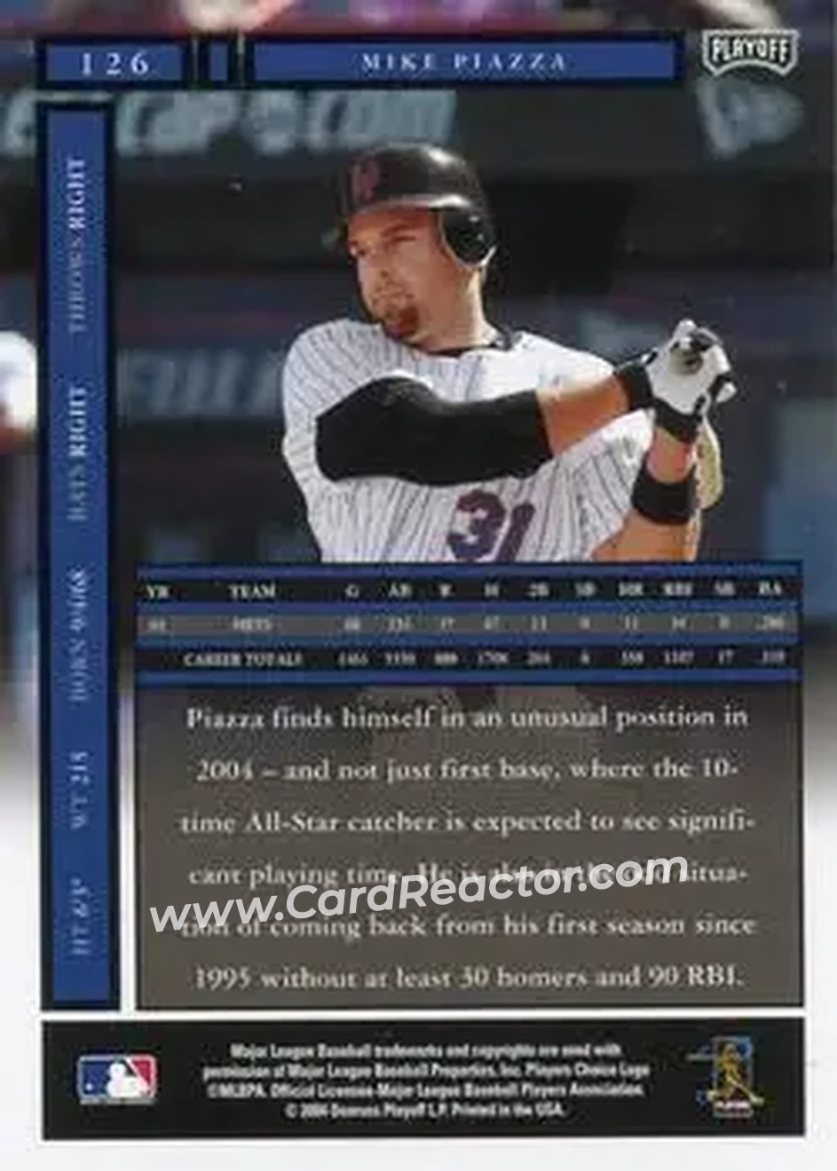 2004 Playoff Honors #126 - Mike Piazza - New York Mets - Back