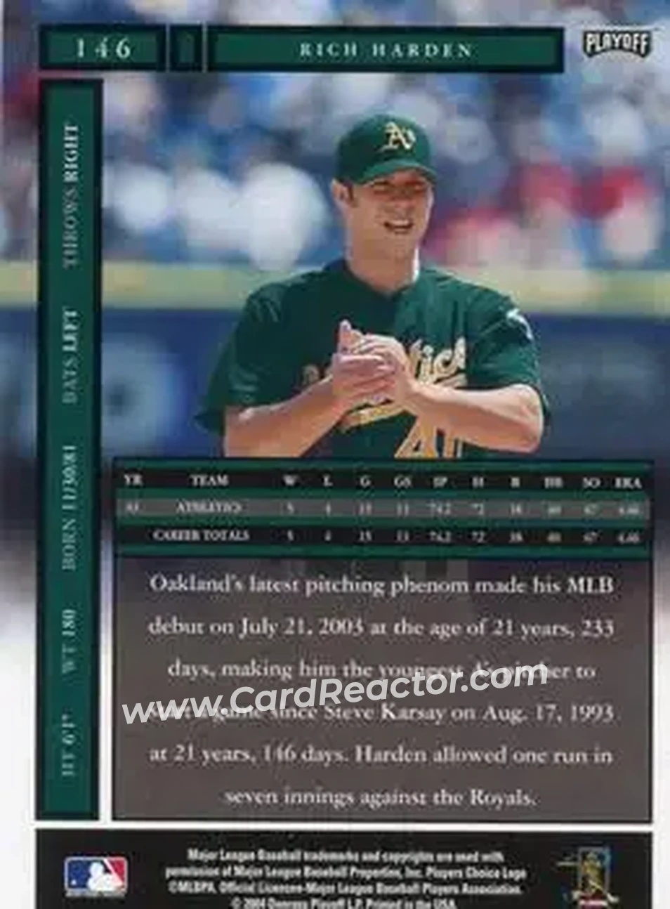 2004 Playoff Honors #146 - Rich Harden - Oakland Athletics - Back