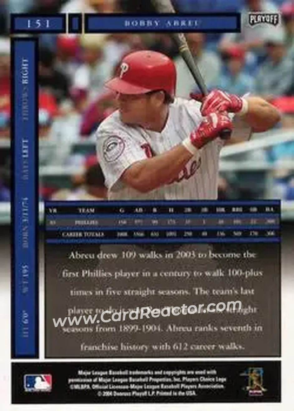 2004 Playoff Honors #151 - Bob Abreu - Philadelphia Phillies - Back