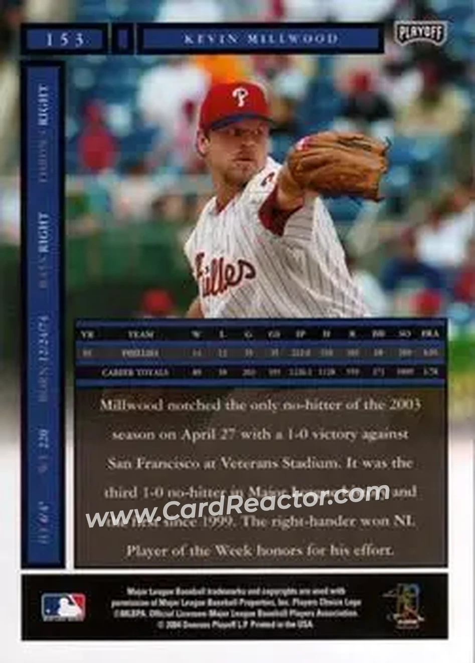 2004 Playoff Honors #153 - Kevin Millwood - Philadelphia Phillies - Back