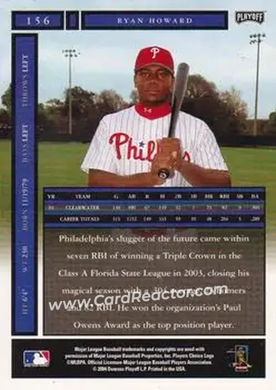 2004 Playoff Honors #156 - Ryan Howard - Philadelphia Phillies - Back