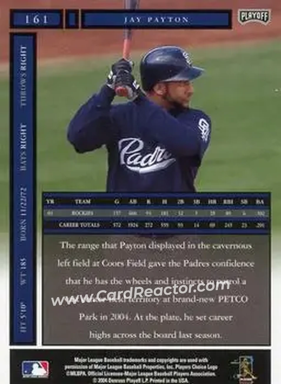 2004 Playoff Honors #161 - Jay Payton - San Diego Padres - Back