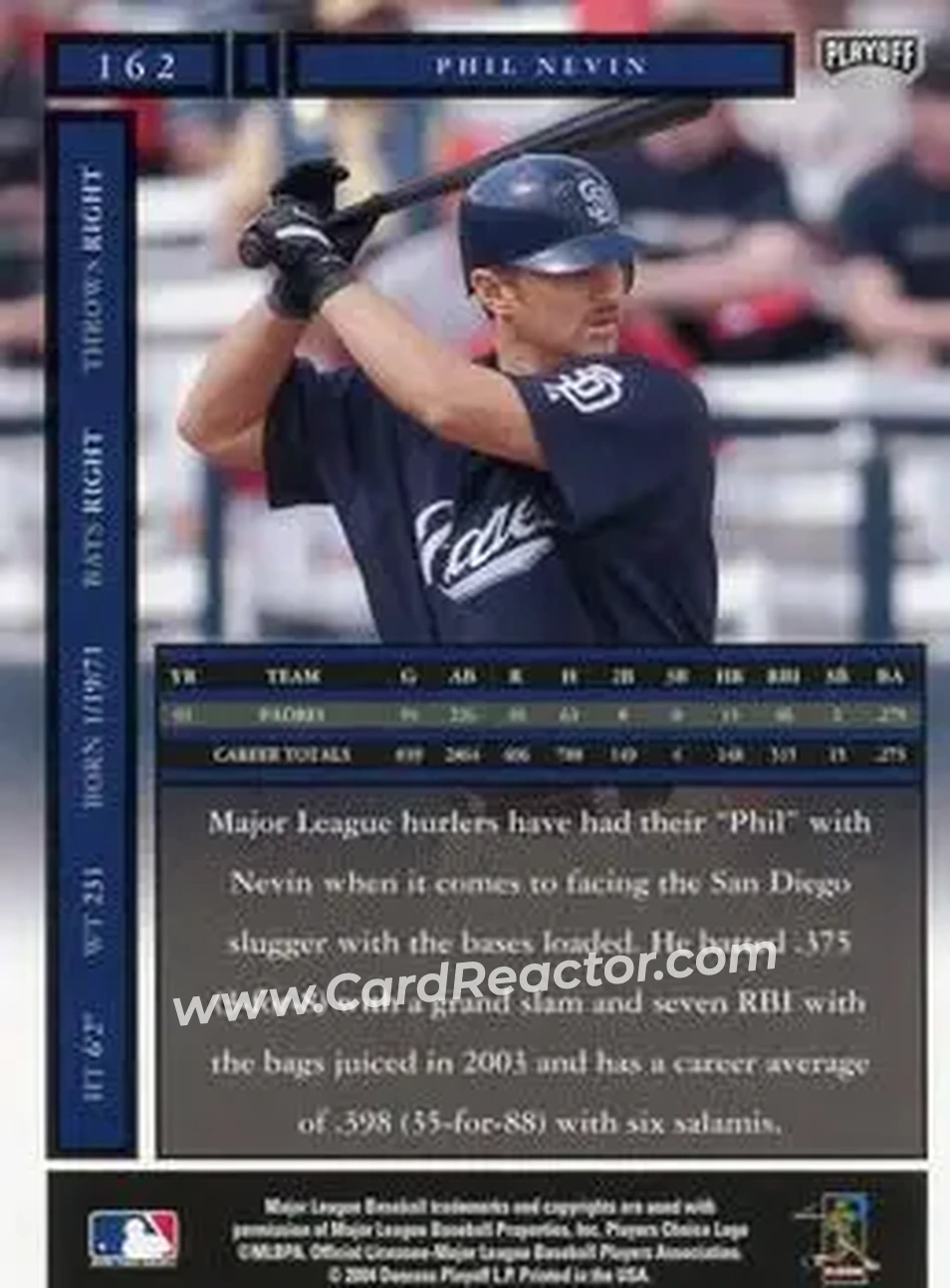 2004 Playoff Honors #162 - Phil Nevin - San Diego Padres - Back