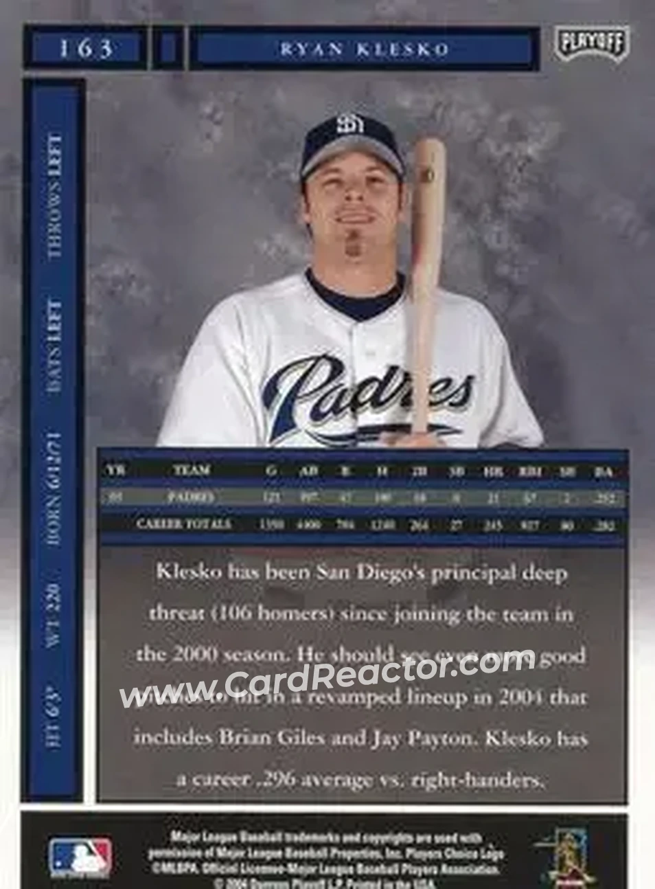2004 Playoff Honors #163 - Ryan Klesko - San Diego Padres - Back