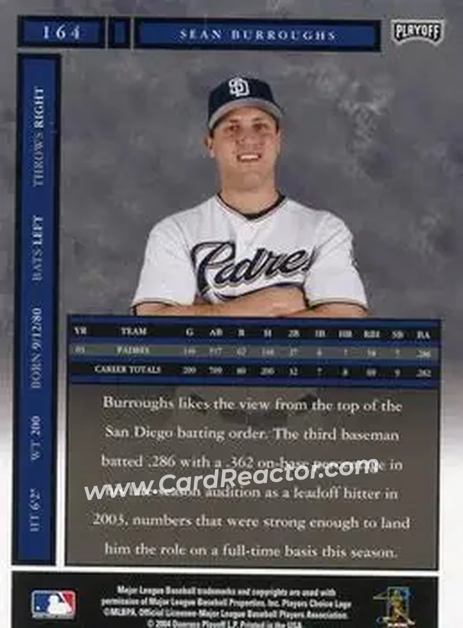 2004 Playoff Honors #164 - Sean Burroughs - San Diego Padres - Back