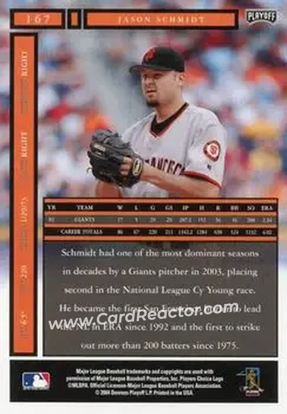 2004 Playoff Honors #167 - Jason Schmidt - San Francisco Giants - Back