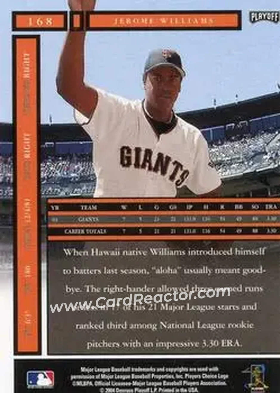 2004 Playoff Honors #168 - Jerome Williams - San Francisco Giants - Back 2004 Playoff Honors #168 - Jerome Williams - San Francisco Giants - Back