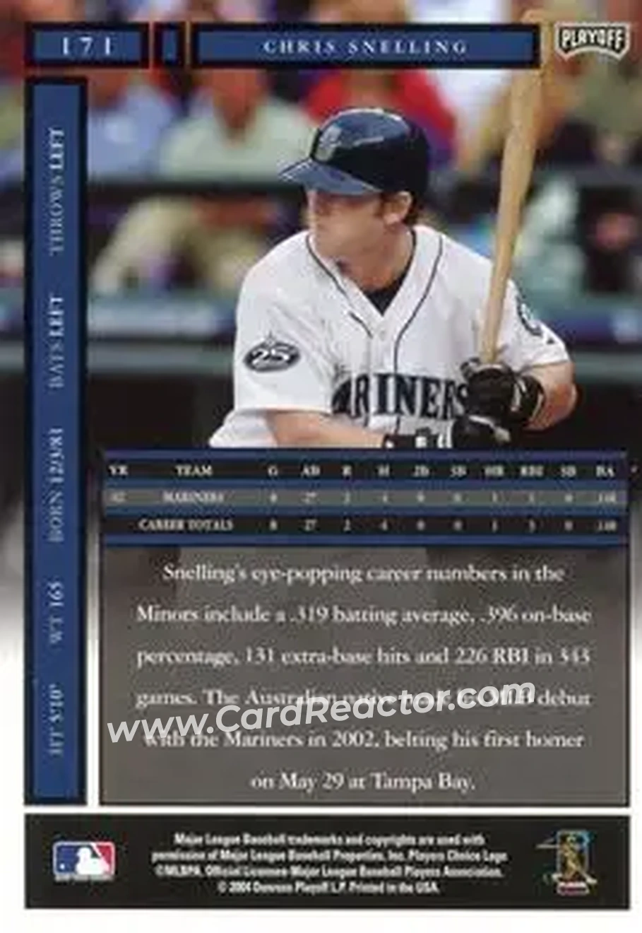 2004 Playoff Honors #171 - Chris Snelling - Seattle Mariners - Back