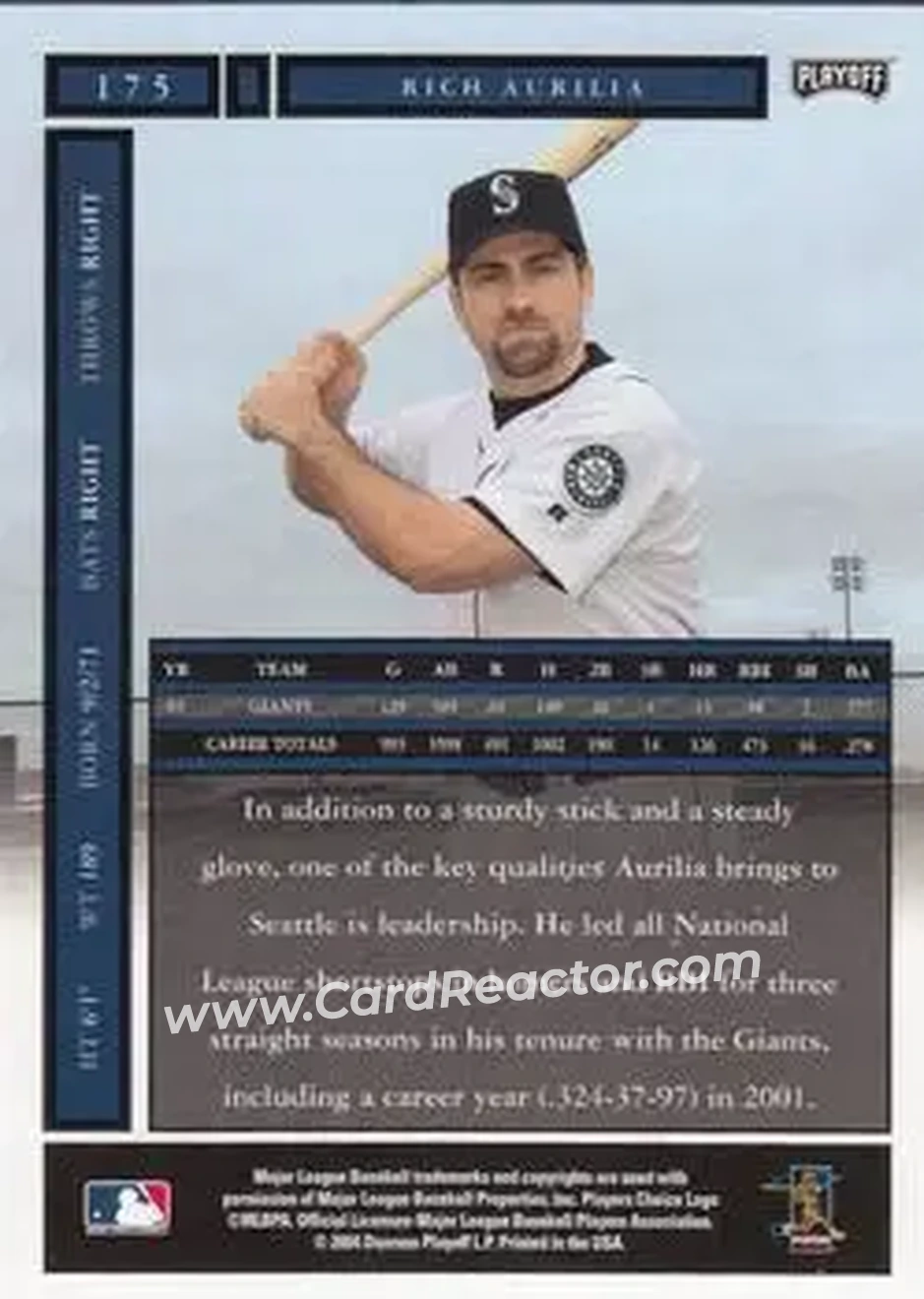 2004 Playoff Honors #175 - Rich Aurilia - Seattle Mariners - Back