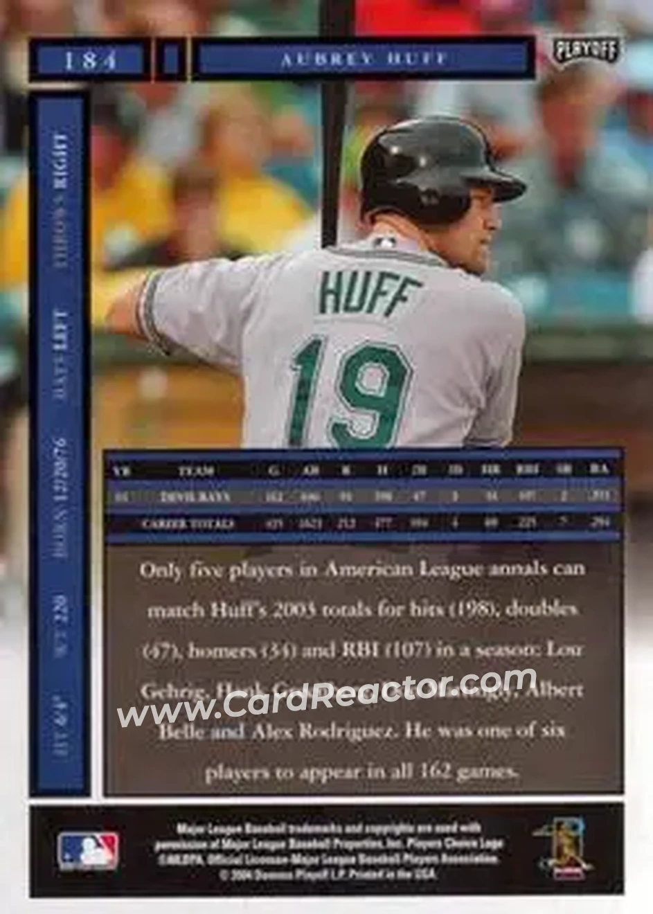 2004 Playoff Honors #184 - Aubrey Huff - Tampa Bay Devil Rays - Back