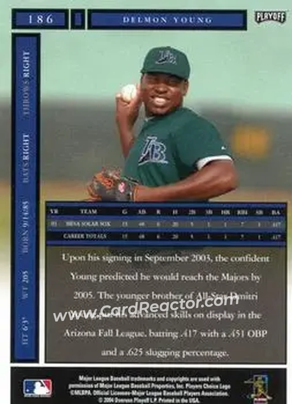 2004 Playoff Honors #186 - Delmon Young - Tampa Bay Devil Rays - Back