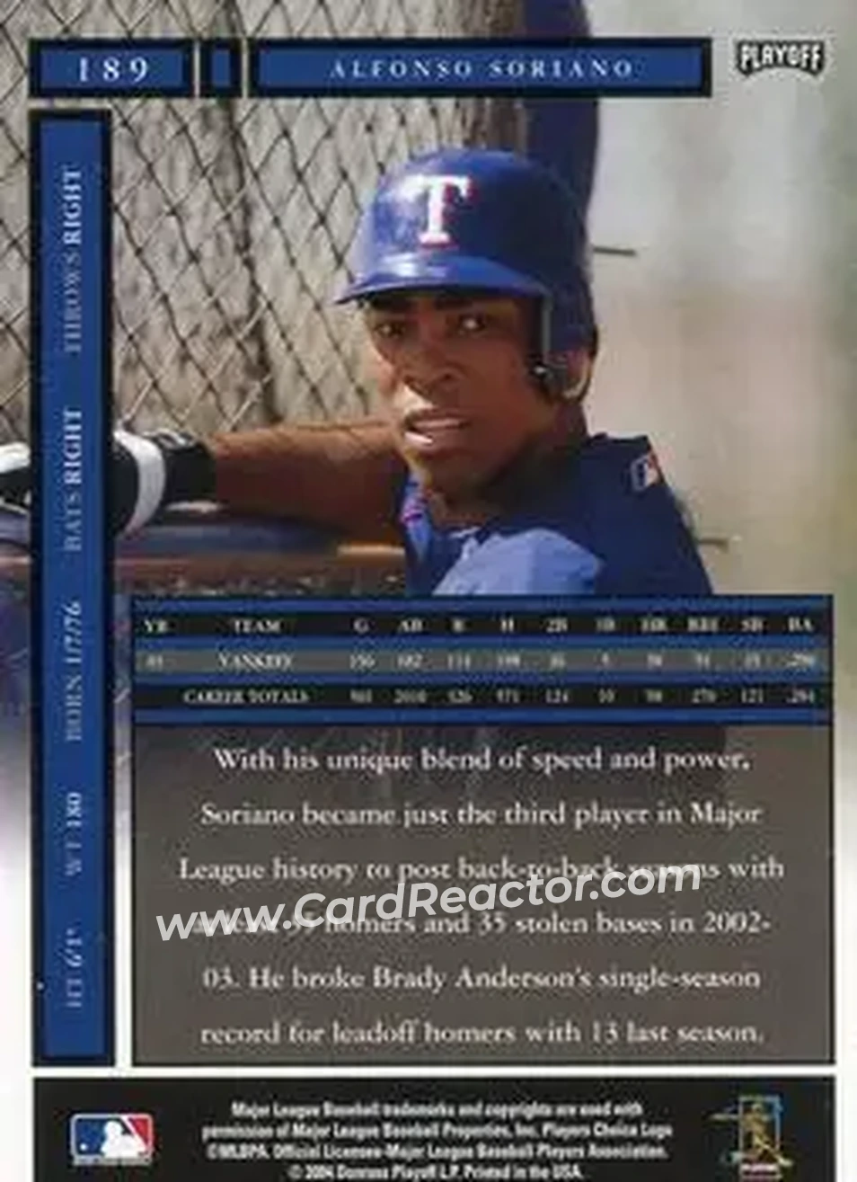 2004 Playoff Honors #189 - Alfonso Soriano - Texas Rangers - Back