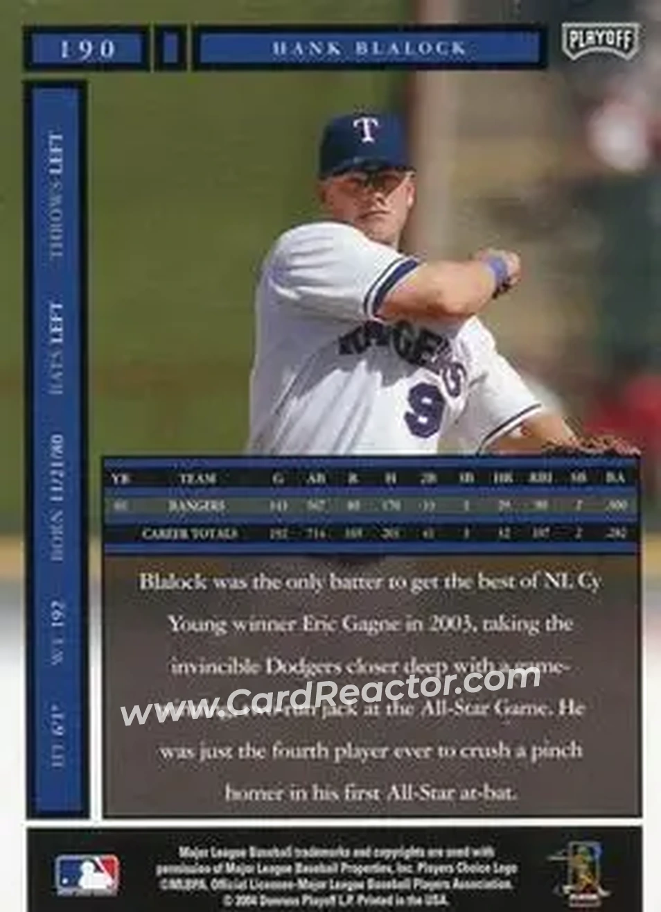 2004 Playoff Honors #190 - Hank Blalock - Texas Rangers - Back