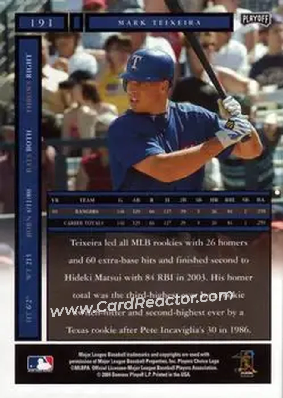2004 Playoff Honors #191 - Mark Teixeira - Texas Rangers - Back
