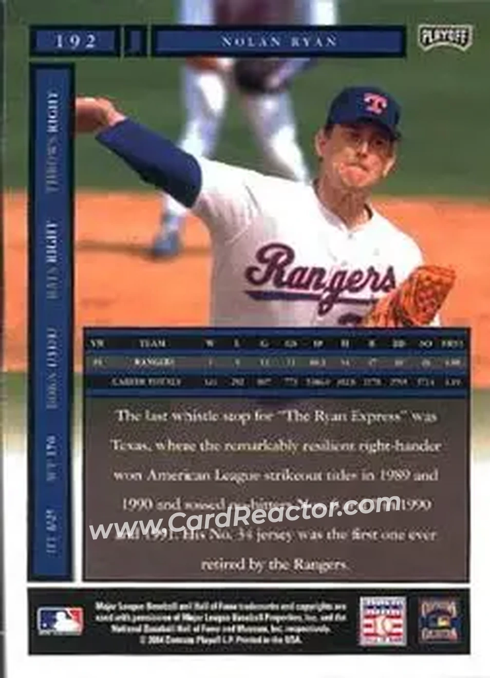 2004 Playoff Honors #192 - Nolan Ryan - Texas Rangers - Back