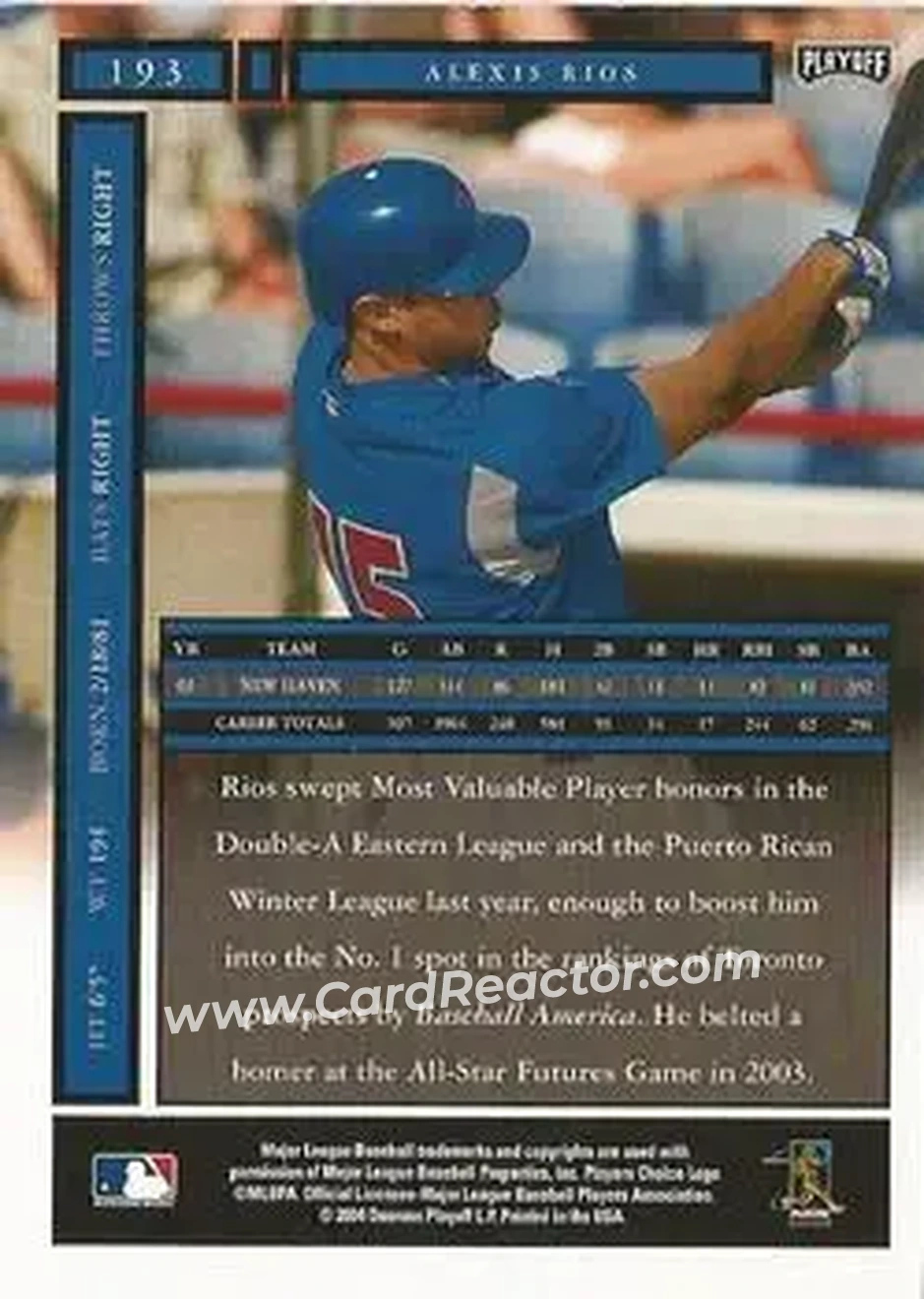 2004 Playoff Honors #193 - Alex Rios - Toronto Blue Jays - Back