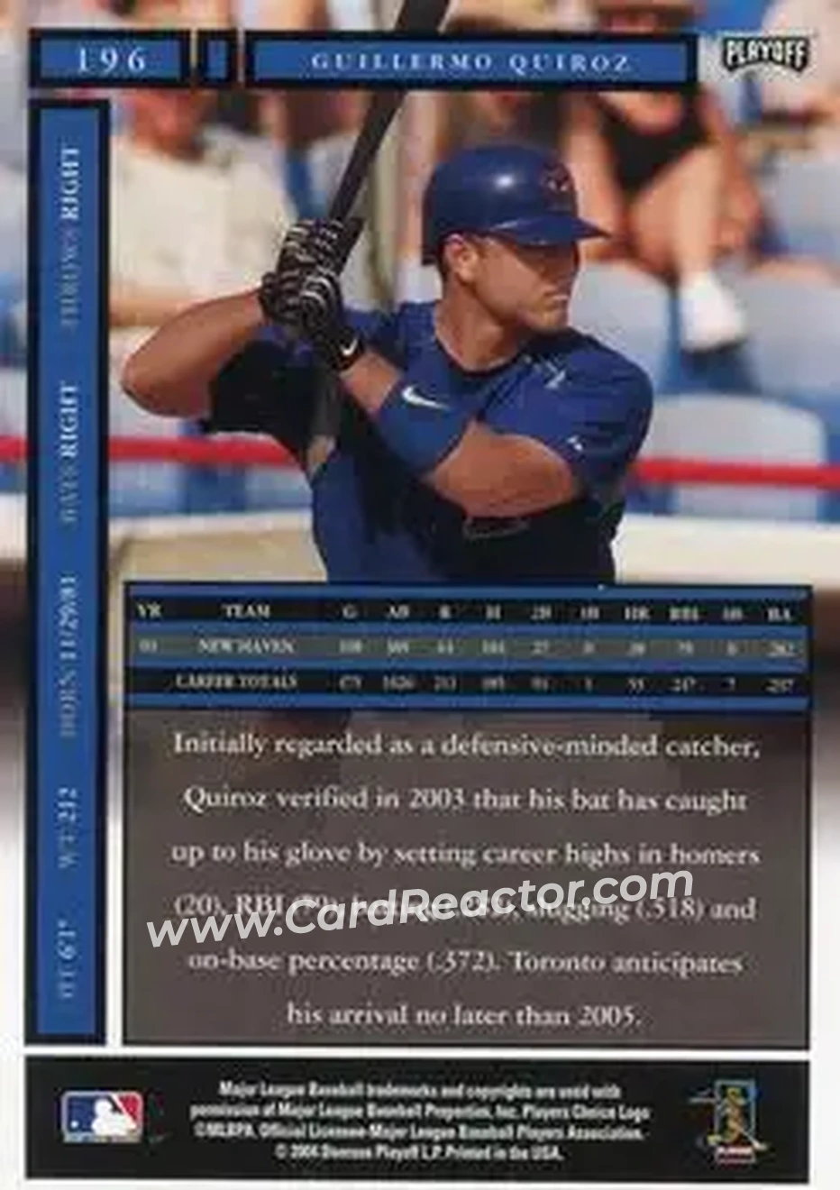 2004 Playoff Honors #196 - Guillermo Quiroz - Toronto Blue Jays - Back