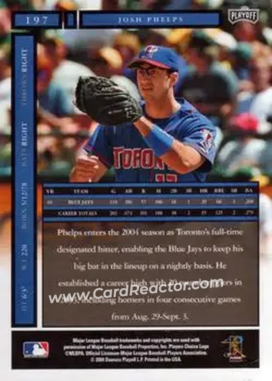 2004 Playoff Honors #197 - Josh Phelps - Toronto Blue Jays - Back