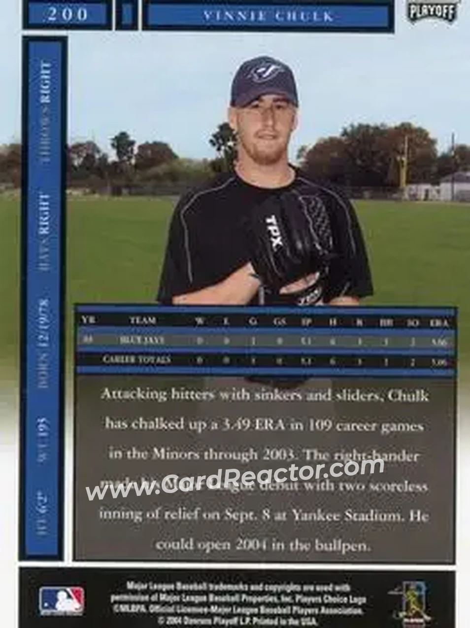 2004 Playoff Honors #200 - Vinnie Chulk - Toronto Blue Jays - Back