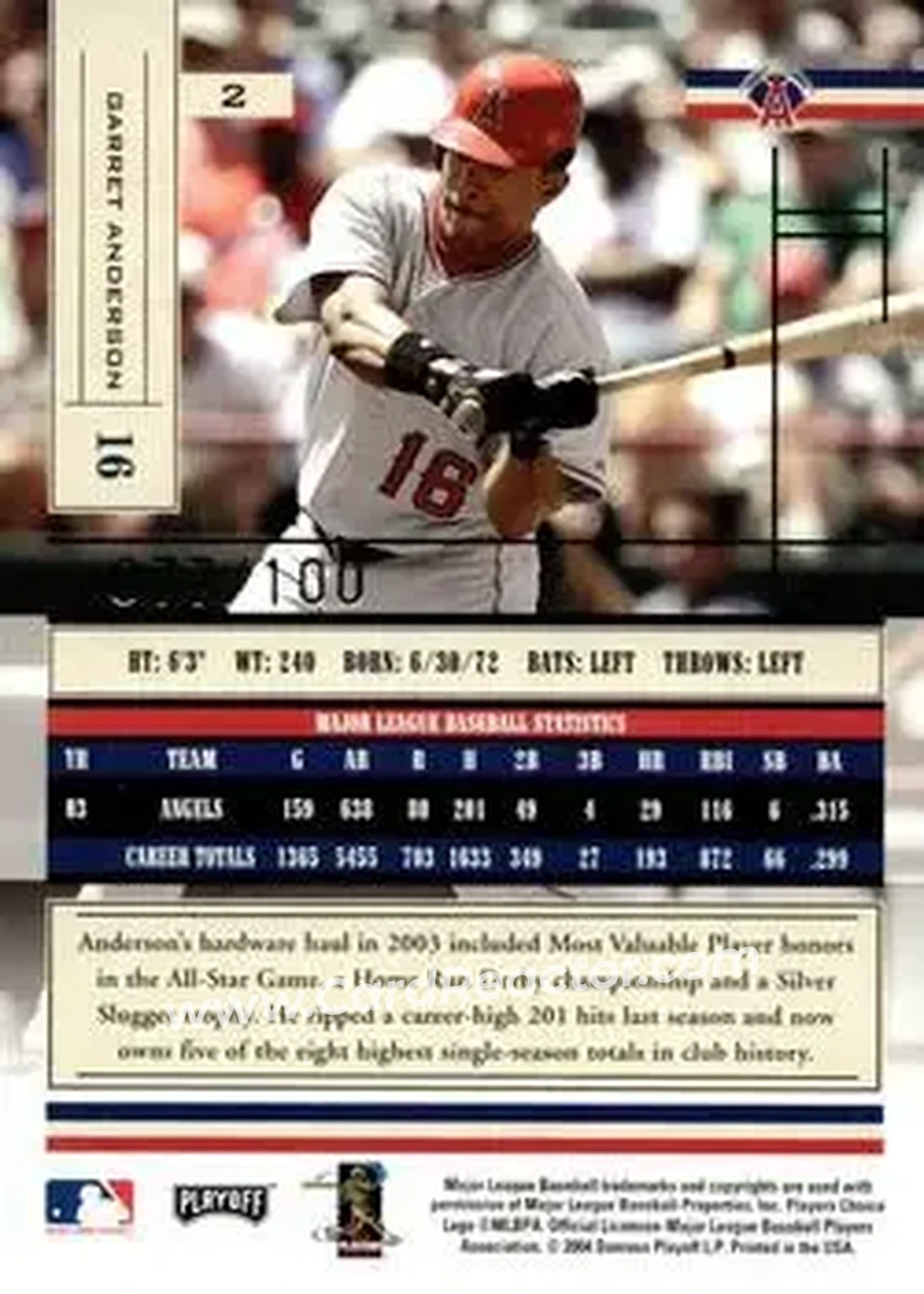 2004 Playoff Absolute Memorabilia - Signature Spectrum Silver #2 - Garret Anderson - Anaheim Angels - Back 2004 Playoff Absolute Memorabilia - Signature Spectrum Silver #2 - Garret Anderson - Anaheim Angels - Back