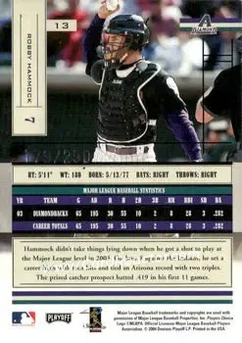 2004 Playoff Absolute Memorabilia - Signature Spectrum Silver #13 - Robby Hammock - Arizona Diamondbacks - Back
