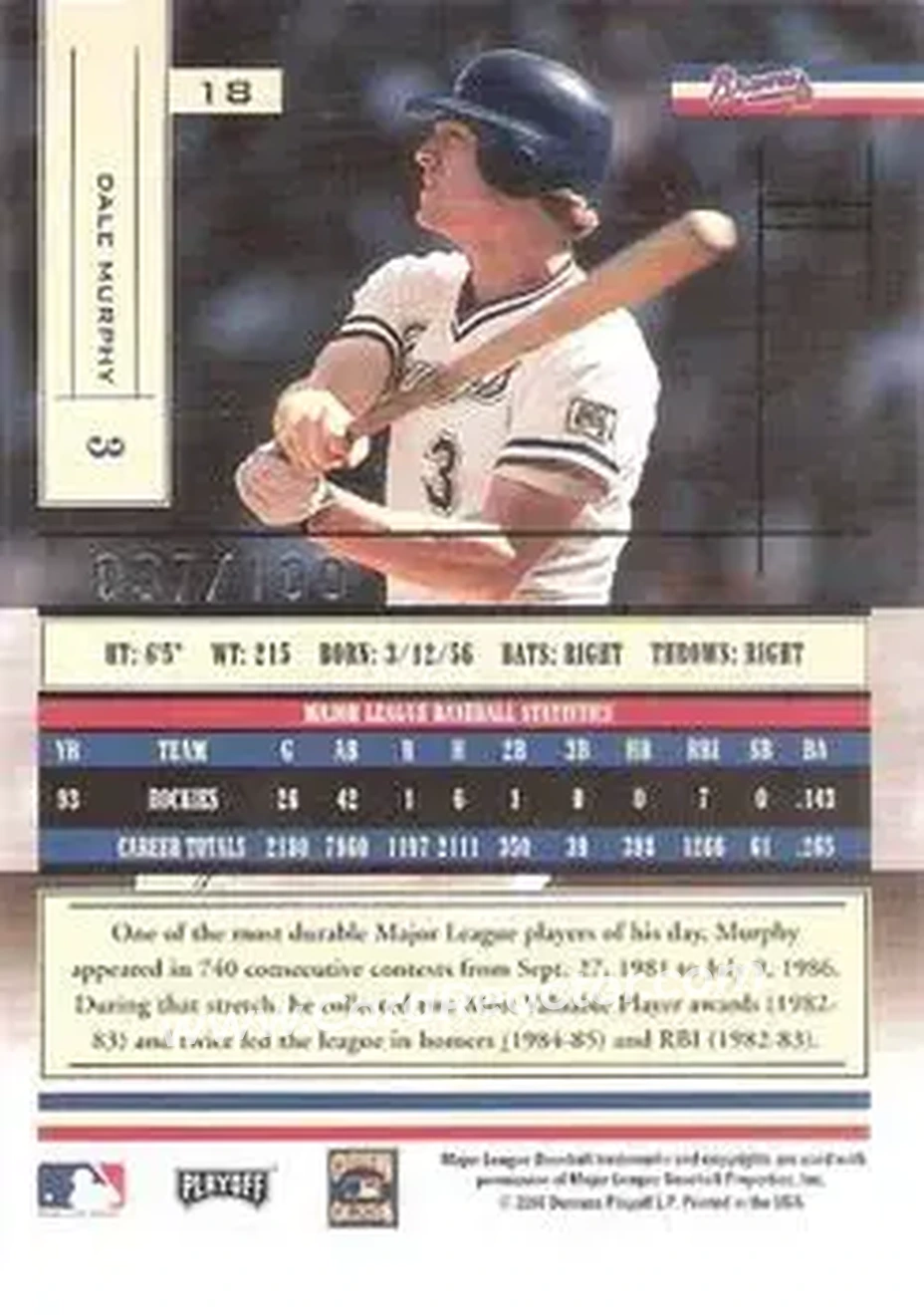 2004 Playoff Absolute Memorabilia - Signature Spectrum Silver #18 - Dale Murphy - Atlanta Braves - Back