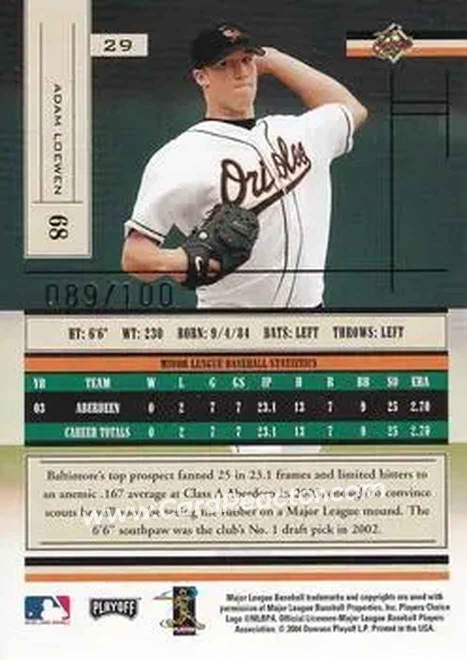 2004 Playoff Absolute Memorabilia - Signature Spectrum Silver #29 - Adam Loewen - Baltimore Orioles - Back 2004 Playoff Absolute Memorabilia - Signature Spectrum Silver #29 - Adam Loewen - Baltimore Orioles - Back