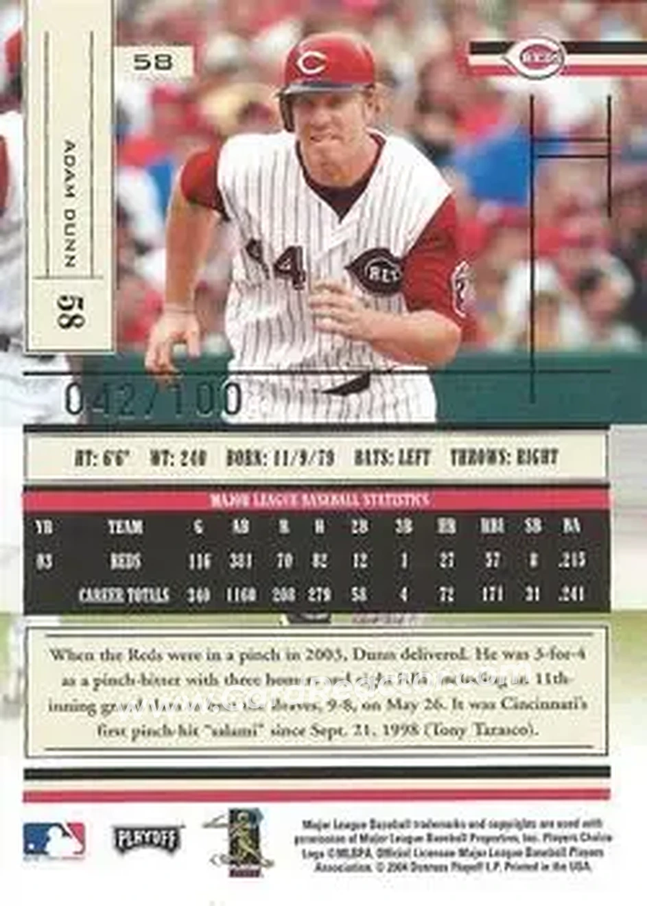 2004 Playoff Absolute Memorabilia - Signature Spectrum Silver #58 - Adam Dunn - Cincinnati Reds - Back 2004 Playoff Absolute Memorabilia - Signature Spectrum Silver #58 - Adam Dunn - Cincinnati Reds - Back