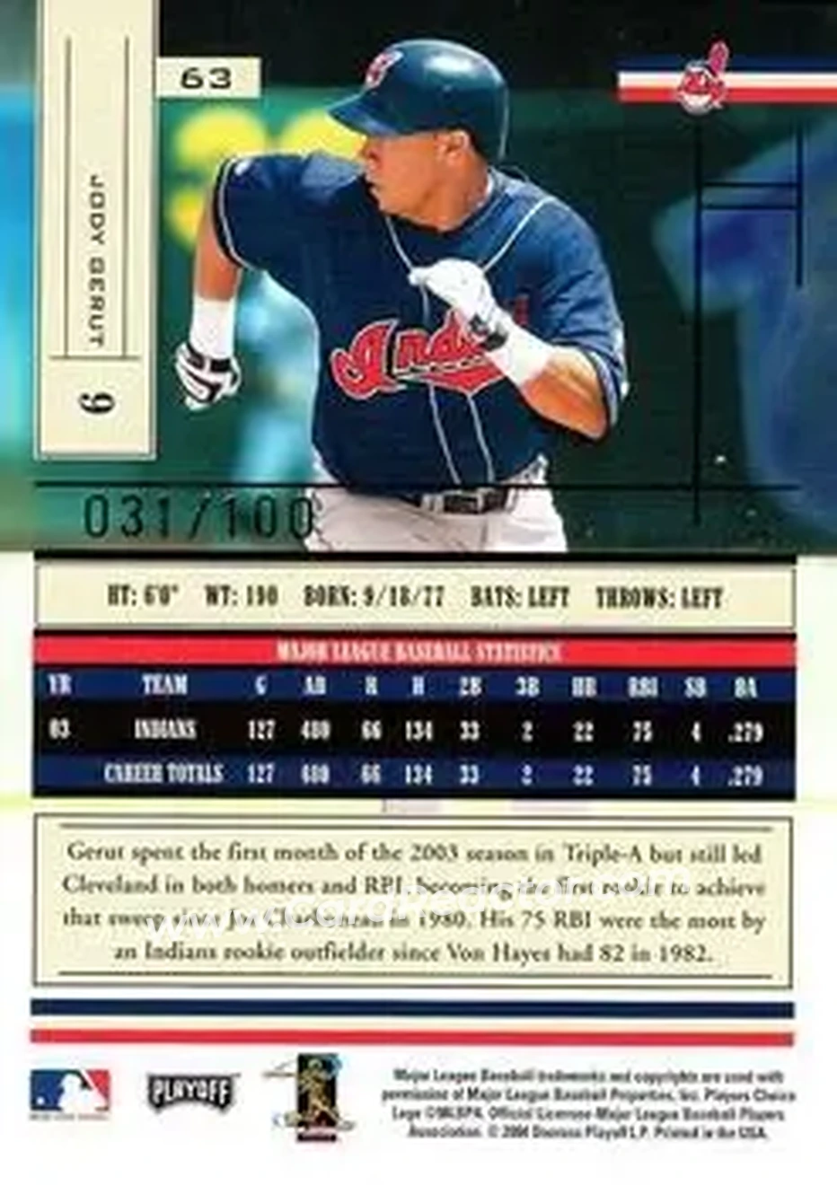 2004 Playoff Absolute Memorabilia - Signature Spectrum Silver #63 - Jody Gerut - Cleveland Indians - Back