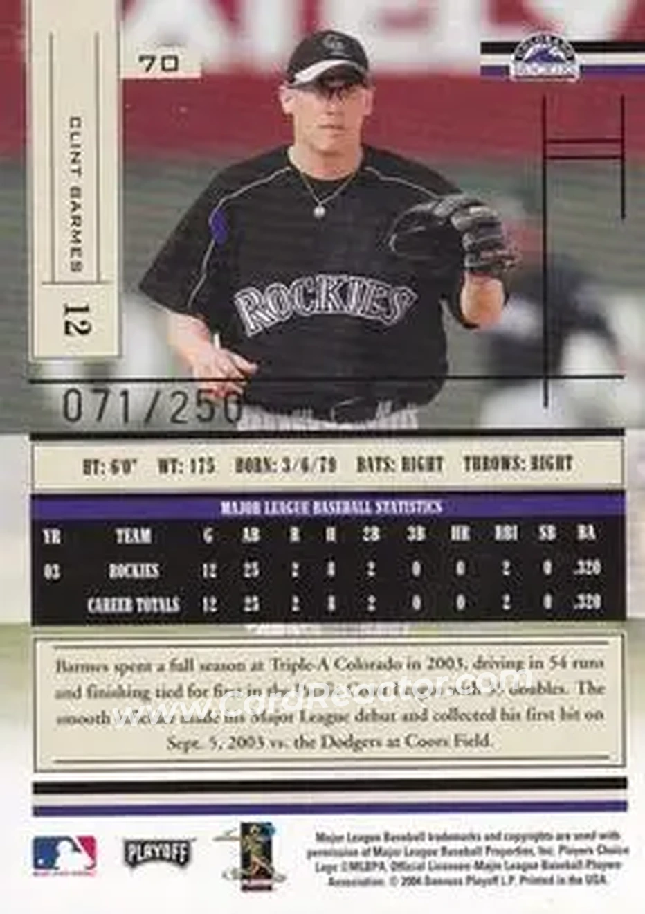 2004 Playoff Absolute Memorabilia - Signature Spectrum Silver #70 - Clint Barmes - Colorado Rockies - Back