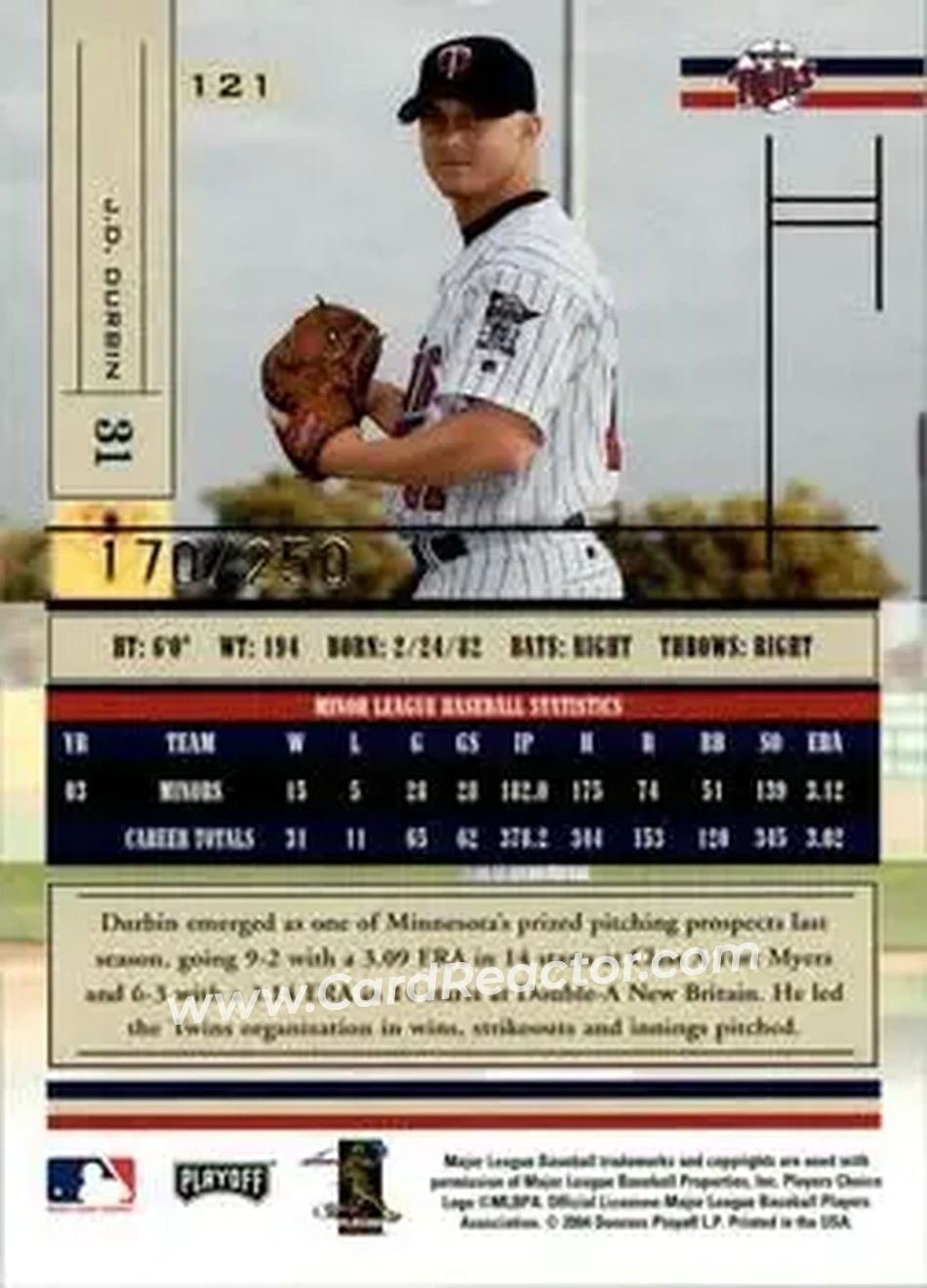 2004 Playoff Absolute Memorabilia - Signature Spectrum Silver #121 - J.D. Durbin - Minnesota Twins - Back