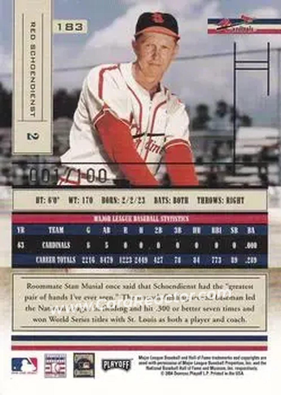 2004 Playoff Absolute Memorabilia - Signature Spectrum Silver #183 - Al Schoendienst - St. Louis Cardinals - Back