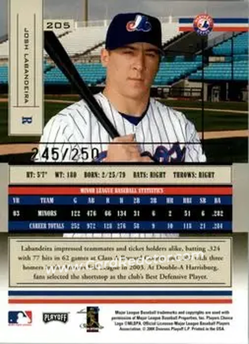 2004 Playoff Absolute Memorabilia - Signature Spectrum Silver #205 - Josh Labandeira - Montreal Expos - Back